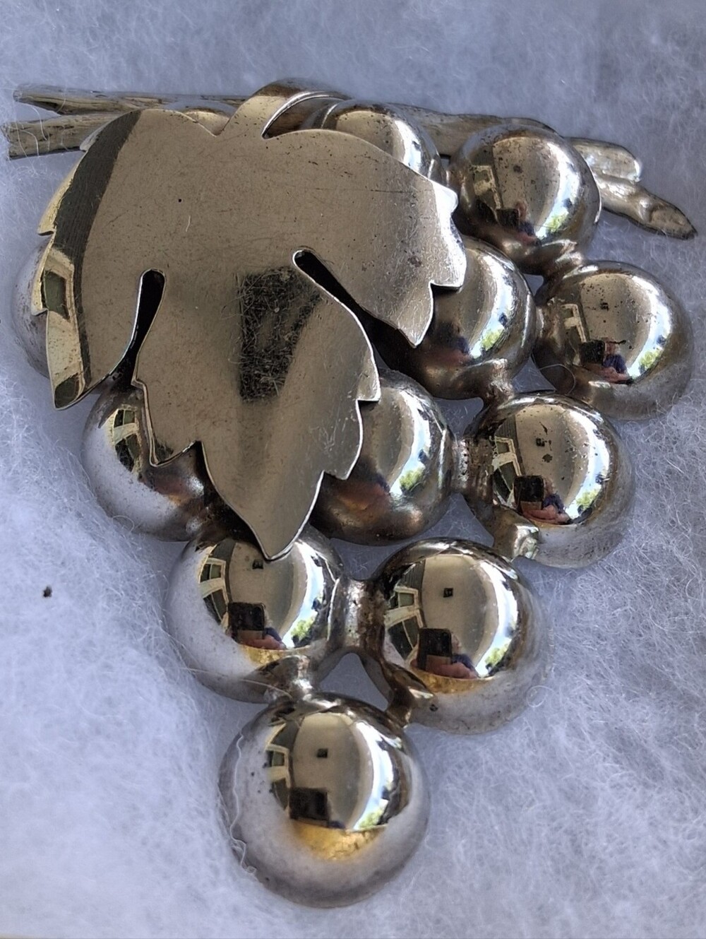 Vintage Silver-Tone Grape Cluster Brooch - Leaf Accent